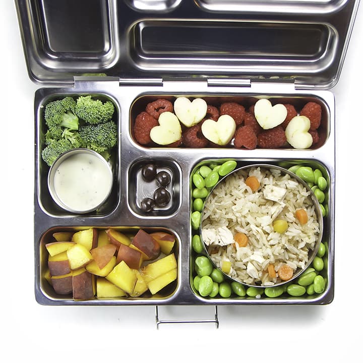 A kid friendly school lunch inside a bento box.