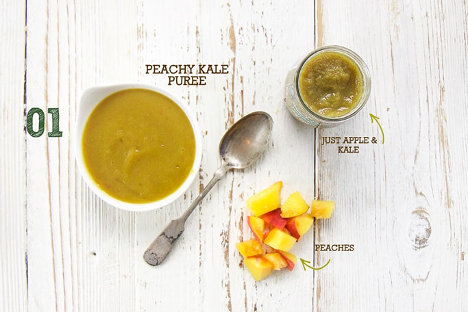 A spread of ingredients in this Peachy Kale Puree.