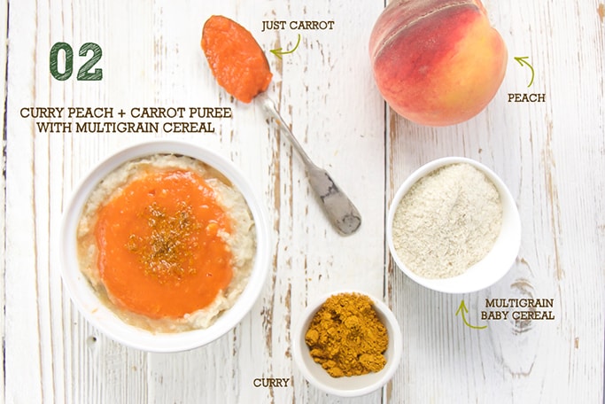 A spread of produce and ingredients to make this curry peach baby food puree.