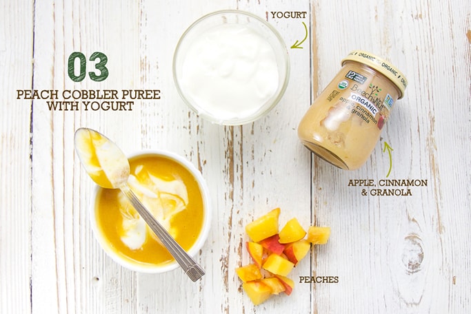 A spread of fresh and store bought ingredients to make this peach cover puree with yogurt.