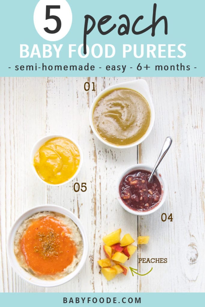 A spread of white bowls filled with peach inspired baby food purees. 
