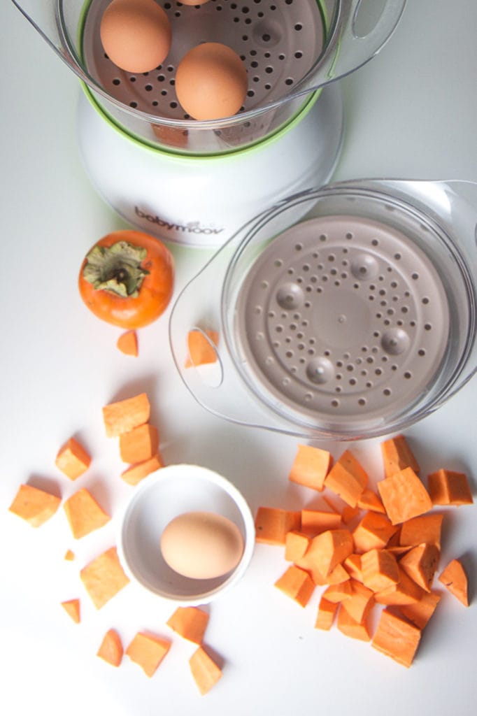 Spread of produce chopped and arranged around a baby food maker.