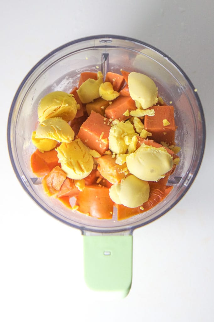 Cooked produce is in the blender.