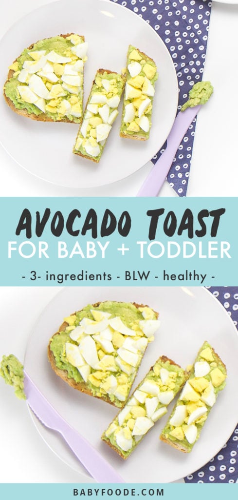 Avocado Toast for Baby and Toddler - 3 ingredients, baby led weaning and healthy. Images are of a white plate with pieces of toast on top.