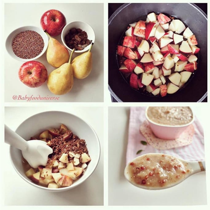 A grid of photos showing of a spread of produce, cooking the produce and the final baby food product. 