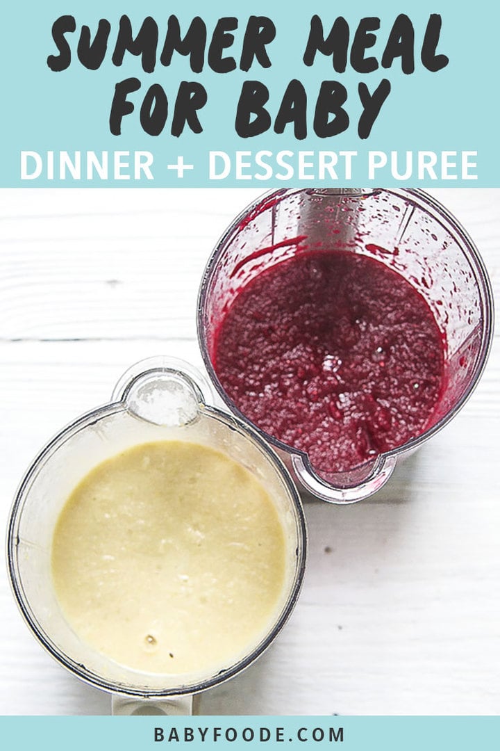 Graphic for post - Summer Meal for Baby - Dinner + Dessert Puree with an image of 2 Steamer baskets full of summer baby food meals.