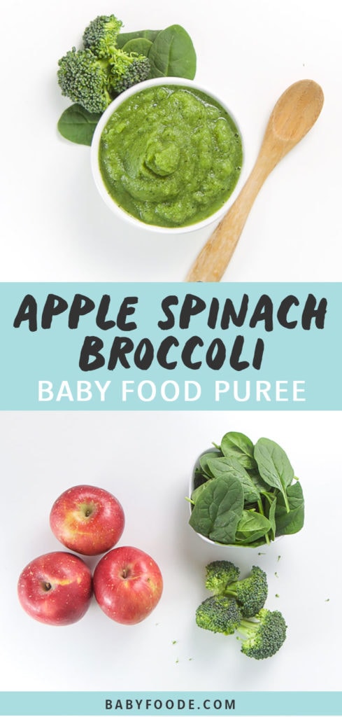 Graphic for Post - Apple Spinach Broccoli Baby Food Puree. Image is of a small white bowl filled with homemade green puree with produce and spoon on the white background with another picture of the Produce scattered on background.