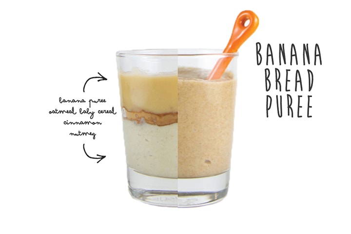 Clear cup - on one side is ingredients in the baby puree, on the other is the puree itself with an orange spoon inside with text around the cup with what is inside.