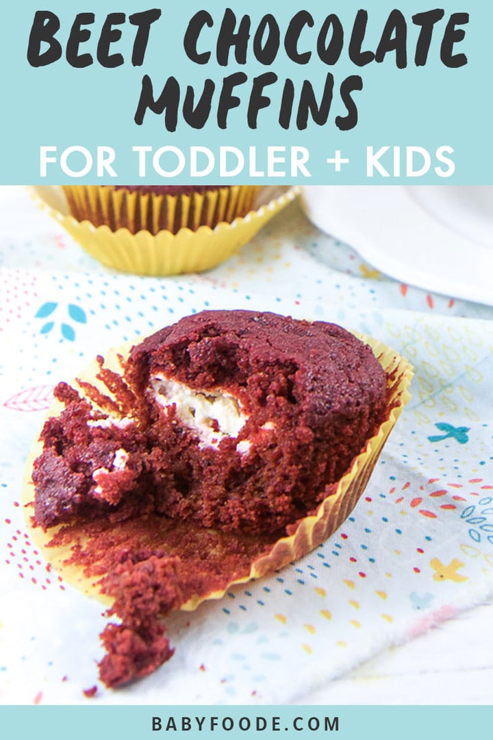 Graphic for Post - Beet Chocolate Muffins for Toddler + Kids. Image is of a Beet muffin half way unwrapped sitting on a napkin.