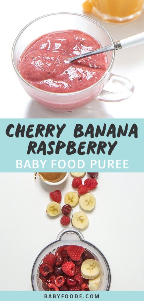 Graphic for post - Cherry Banana raspberry Baby Food Puree - image is of a blender with produce scattered outside of it as well as another image of a clear cup full of homemade puree.