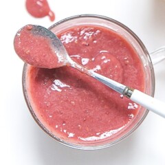 clear bowl filled with dessert baby food puree.