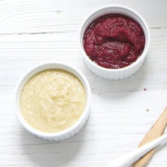 2 small white bowls full of summer baby food purees.