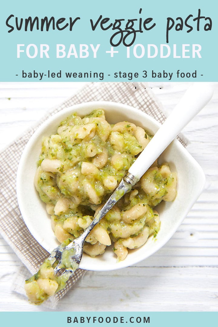 Small white bowl filled with a chunky pasta with summer veggie sauce mixed in - great for baby-led weaning or stage 3 baby foods.