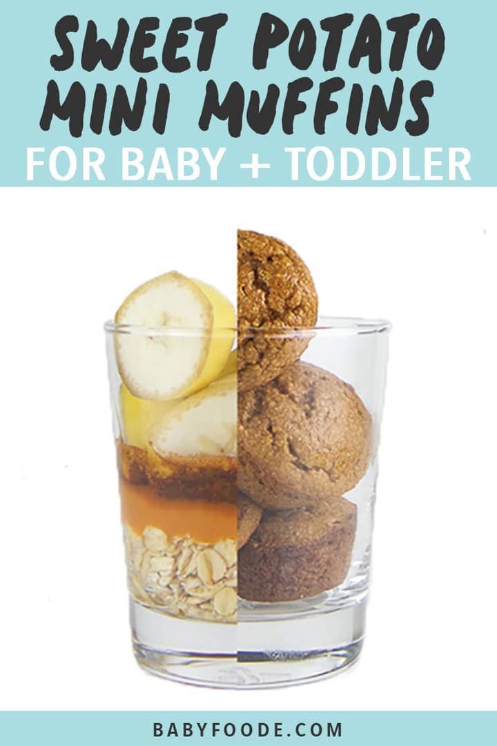 Graphic for Post - Sweet Potato Mini Muffins for Baby + Toddler. Image is of Class cup cut in half with half of it the ingredients in the muffins, the other half of the cup is the muffins themselves. 