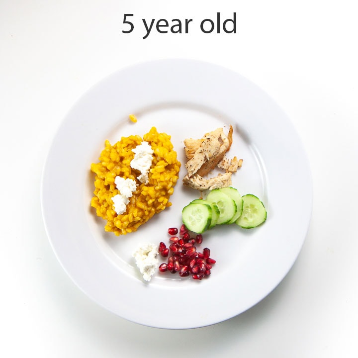 plate full of food for 5 year old. - kid friendly pumpkin risotto.
