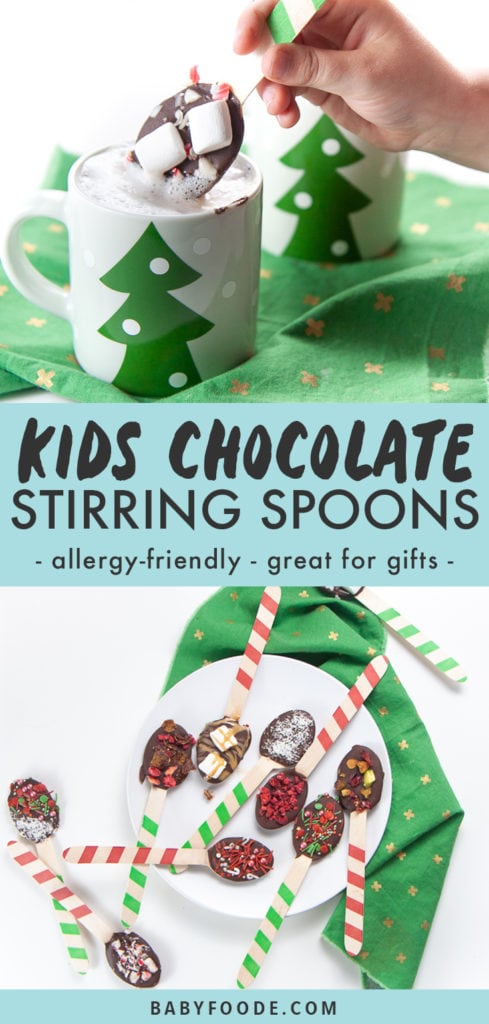 Graphic for post - kids chocolate stirring spoons - allergy-friendly- great for gifts with an image of small hand holding a chocolate stirring spoon dunking it in warm milk and a plate full of chocolate spoons with various toppings.