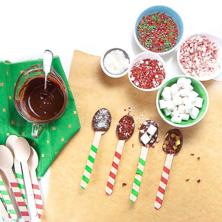 Spread of process of how to dip spoons and add toppings.