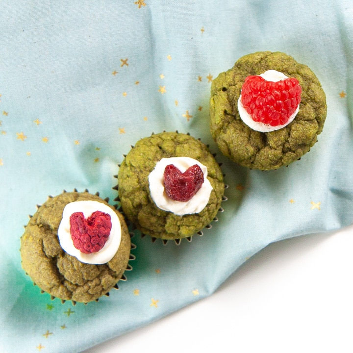 3 green muffins lined up with 3 different heart options.
