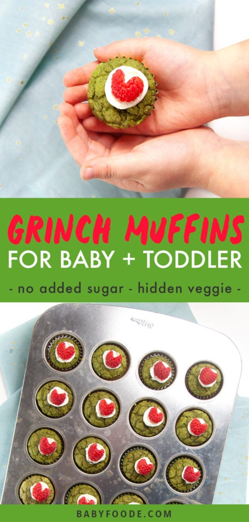Graphic for post - Healthy Grinch Muffins for Baby + Toddler - no sugar added - hidden veggie - Two small toddler hands holding a mini green grinch muffin as well as an image of a mini muffin mold full of cooked and decorated muffins.