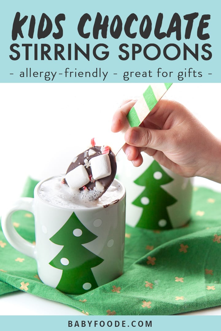 Graphic for post - kids chocolate stirring spoons - allergy-friendly- great for gifts with an image of small hand holding a chocolate stirring spoon dunking it in warm milk.