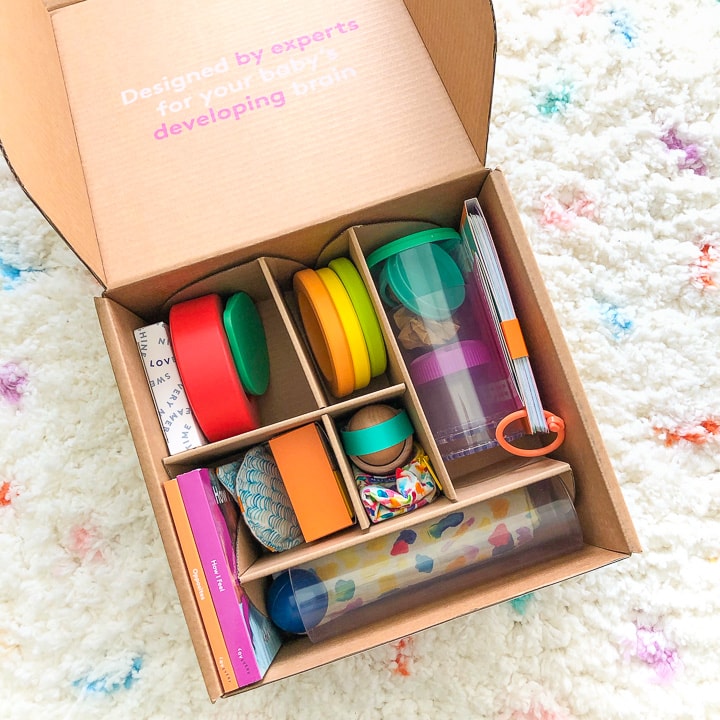 Lovevery Subscription box - box open with baby toys inside.