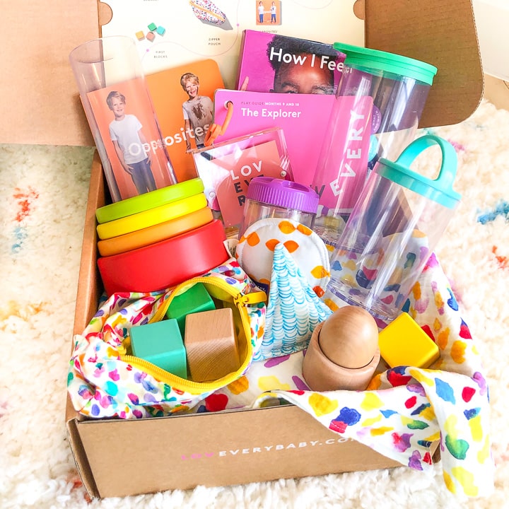 subscription box filled with baby and toddler toys.