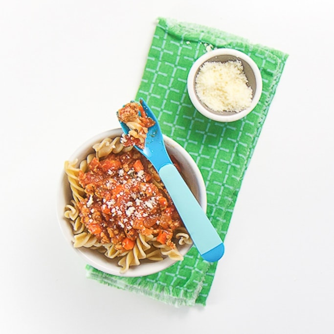 pasta in a white bowl is a great recipe for baby led weaning.