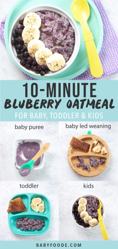 Graphic for post - blueberry oatmeal for baby, toddler and kids. Image is of a bowl of blueberry oatmeal with bananas and frozen blueberries on top as well as a grid of photos of how to serve as a baby puree, baby led weaning, toddler and kids.