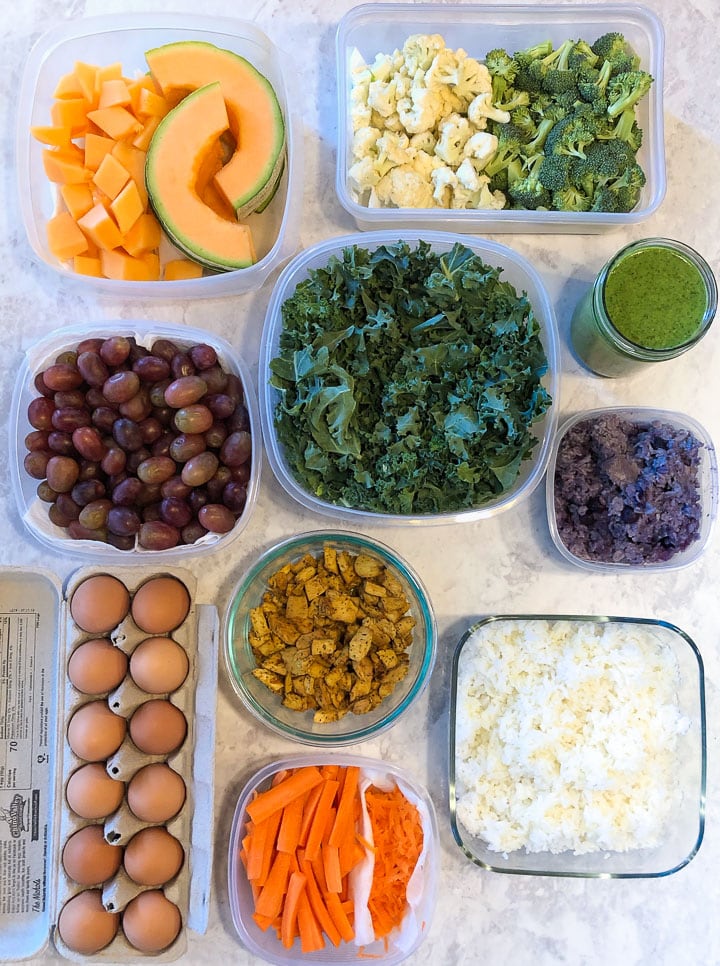 family meal prep - all of the containers on the counter ready to eat.