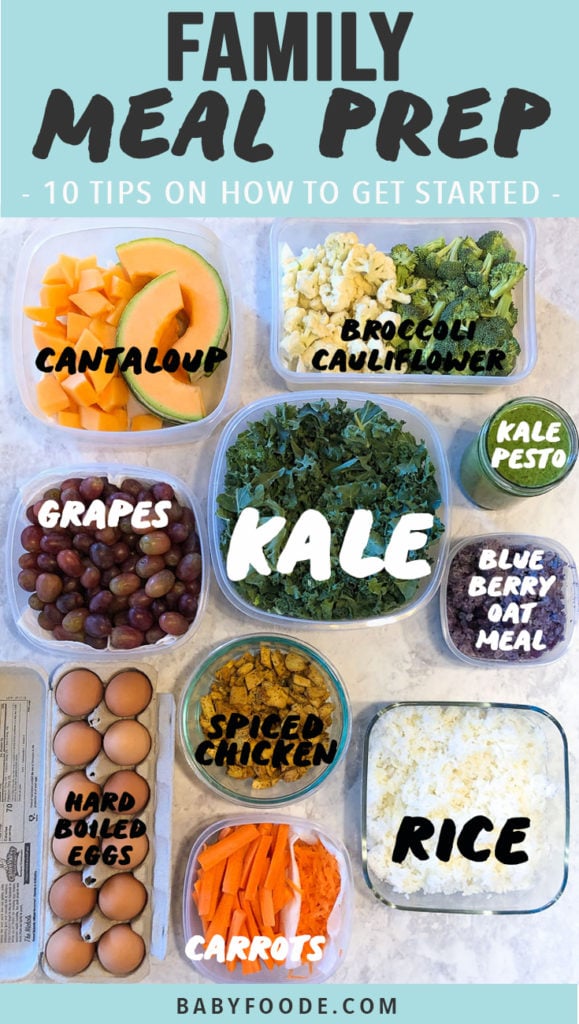 Graphic for Post - Family Meal Prep - 10 Tips on how to get started. Image of a spread of prepped food.