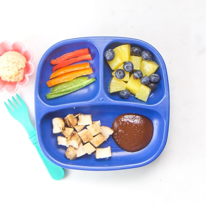 bbq chicken and veggies for toddler dinner.