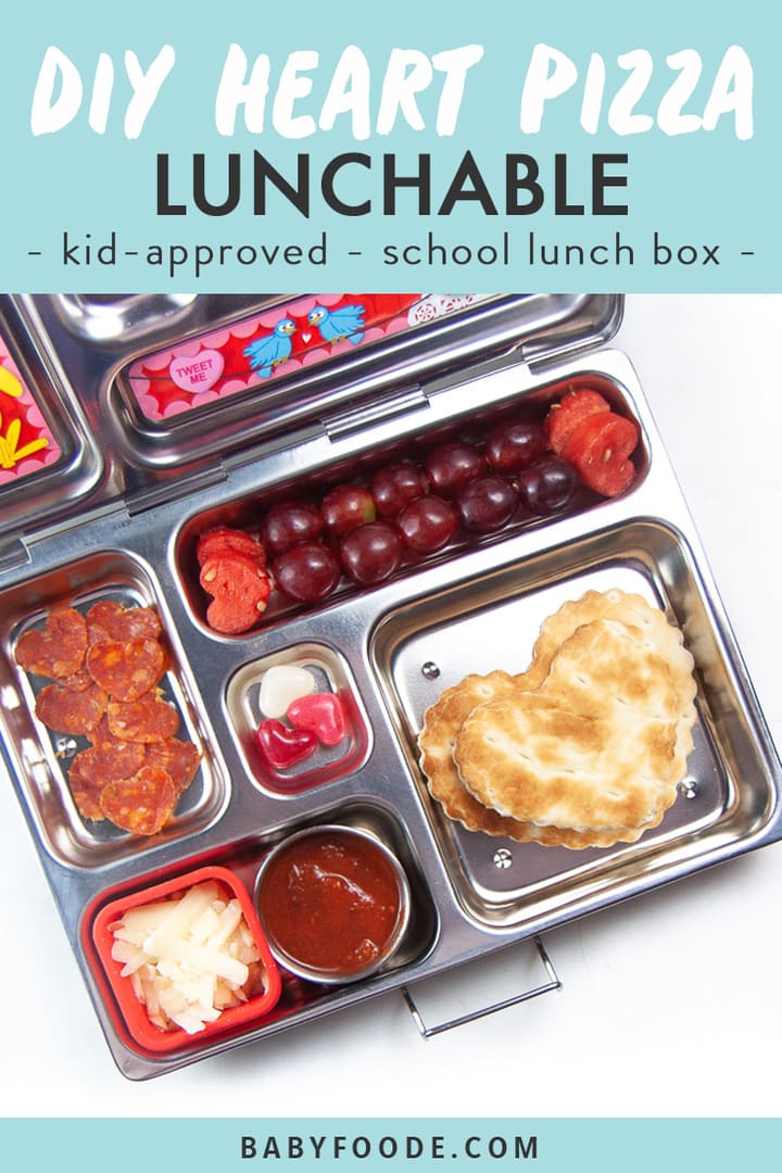 Graphic for post - diy heart pizza punchable - kid approved - school lunch box - image of a bento box with healthy lunch inside.