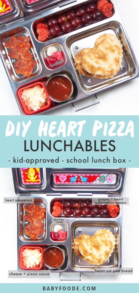 Graphic for post - diy heart pizza punchable - kid approved - school lunch box - image of a bento box with healthy lunch inside.