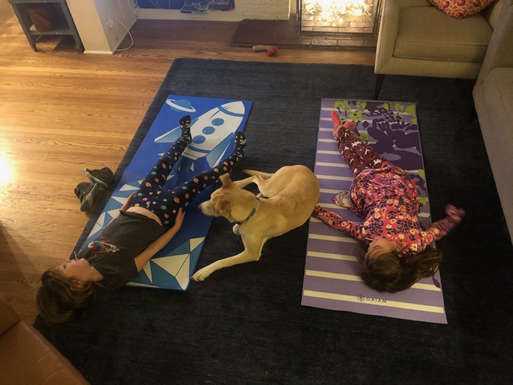2 kids and a dog doing yoga.