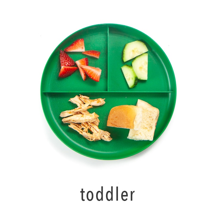 Toddler plate shows how to serve bbq chicken to young eaters.