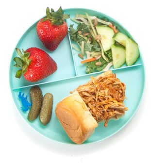plate showing a kids serving of this instant pot bbq chicken.
