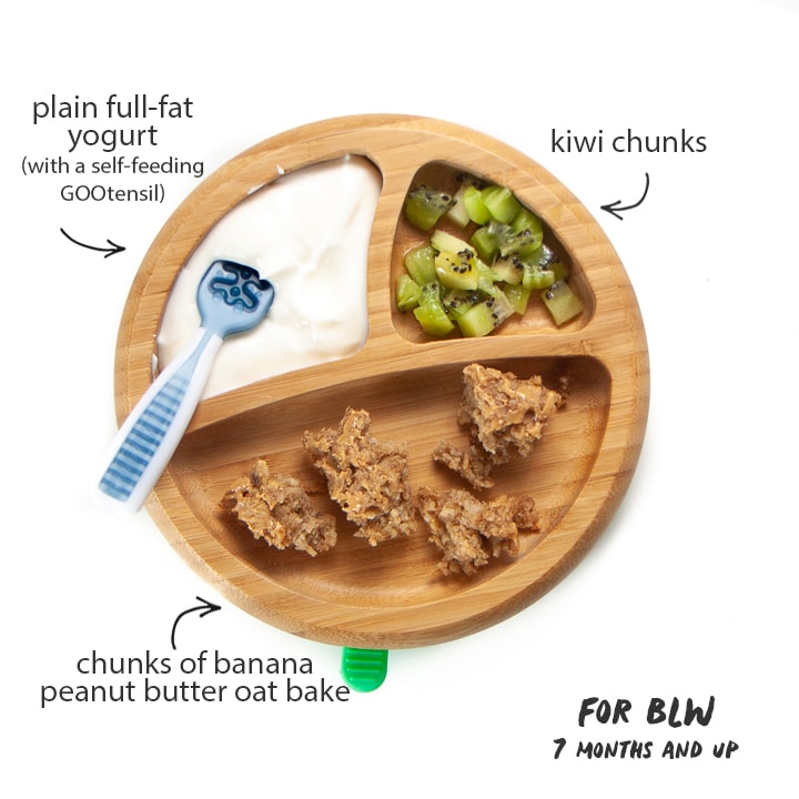 plate full of foods for babbled weaning using banana peanut butter oat bake.