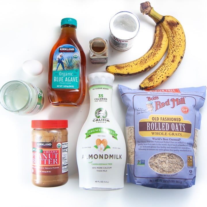 spread of ingredients for kid approved banana peanutbutter bake.
