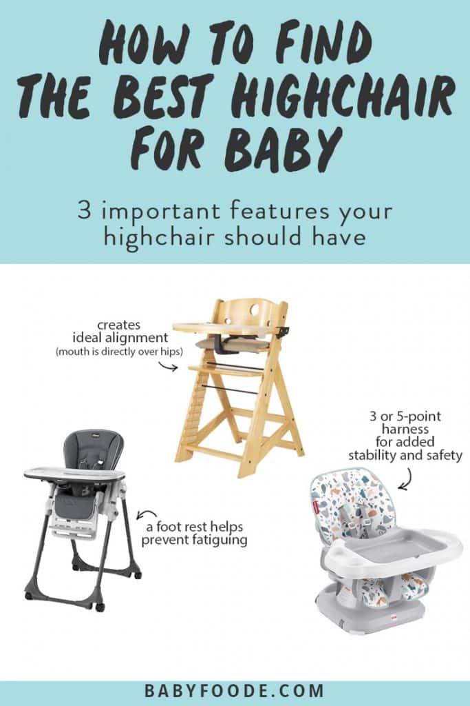 Graphic for Post - how to find the best highchair for baby - 3 important features your highchair should have. images are of 3 highchairs pointing out these features.