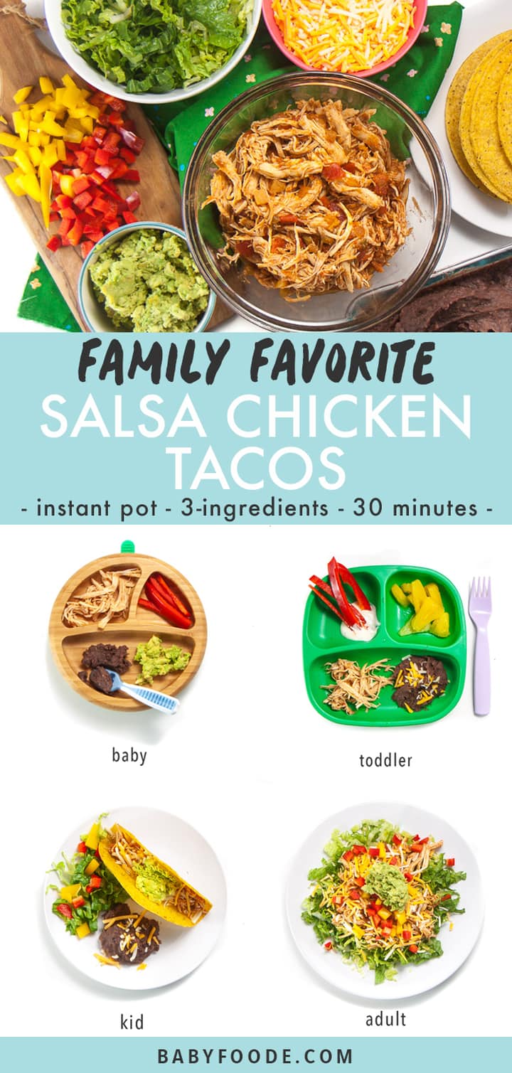 Graphic for post- family favorite salsa chicken tacos - instant pot - 3 ingredients - 30 minutes with images of a spread of tacos for dinner and each families members plate - baby, toddler, kid and adult.