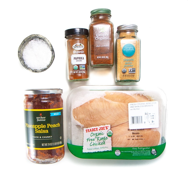 ingredients for easy salsa chicken on a counter.