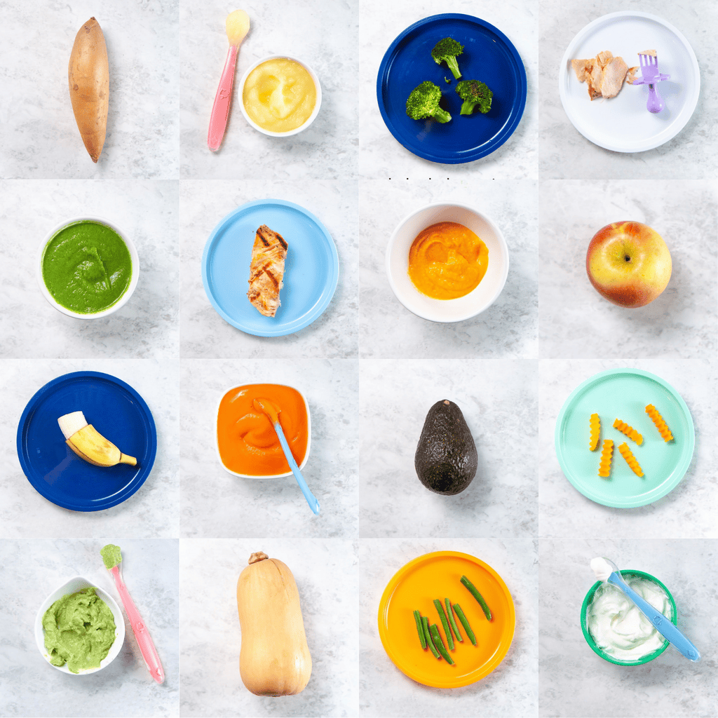 Grid of images of colorful baby plates sitting on my white marble counter with purees and finger foods for baby's first bite. 