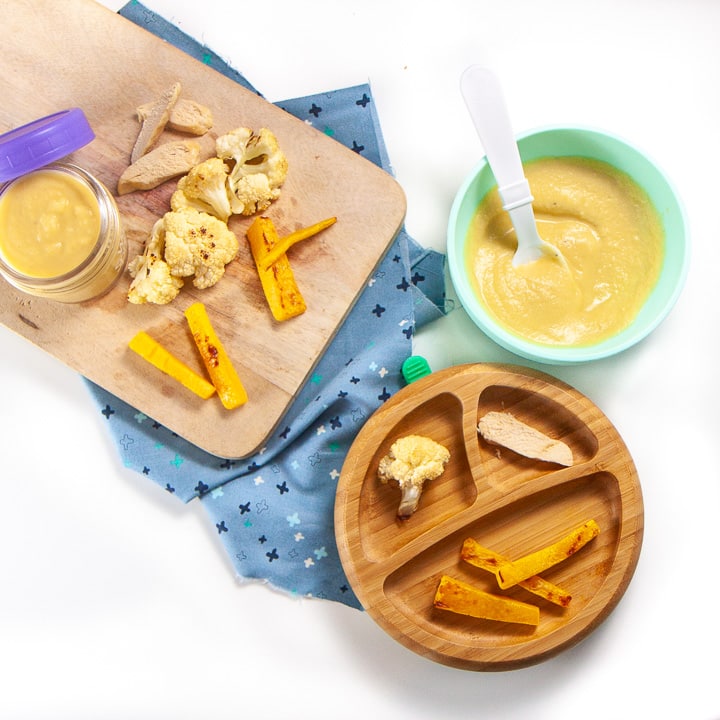 spread of a meal for baby - either baby food purees or baby-led weaning