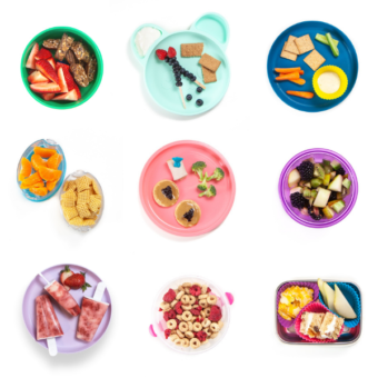Graphic for post – grid of colorful kids plates full of healthy and easy snacks.