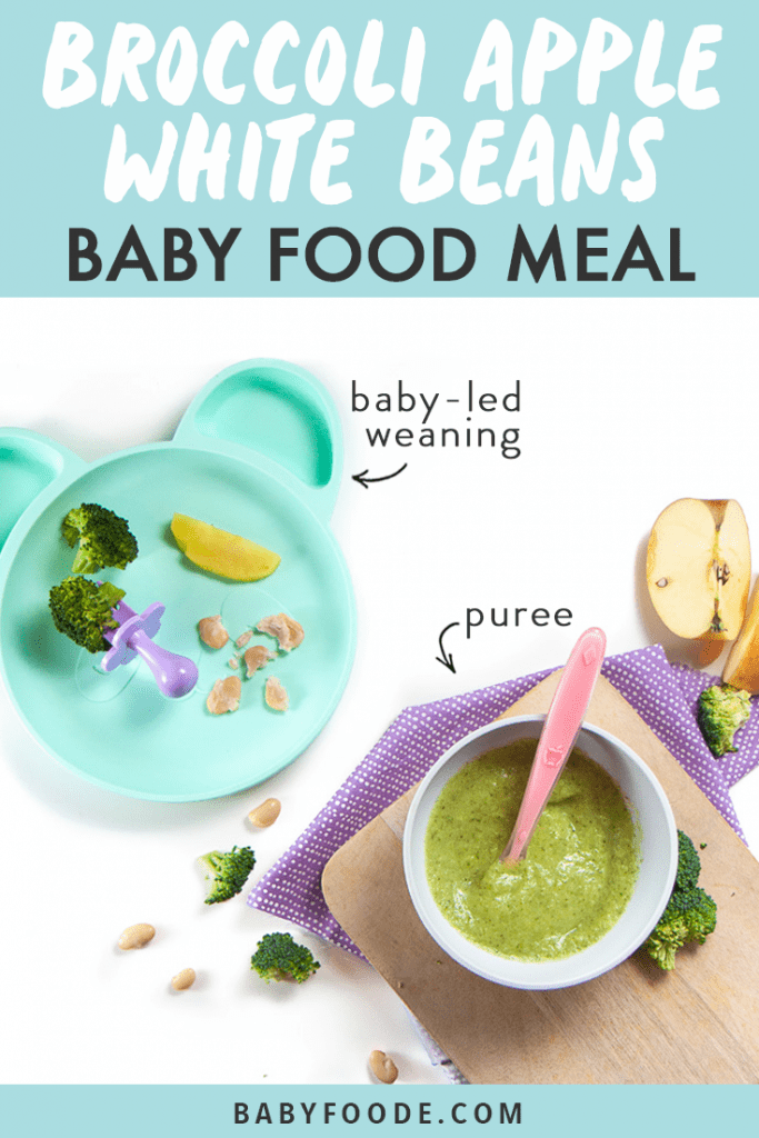 Graphic for Post - Broccoli, Apple and White Bean Baby Food Meal - great for baby food puree or for baby-led weaning with images of how to serve them to baby both ways.