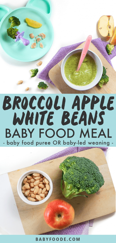 Graphic for Post - Broccoli, Apple and White Bean Baby Food Meal - great for baby food puree or for baby-led weaning with images of how to serve them to baby both ways.