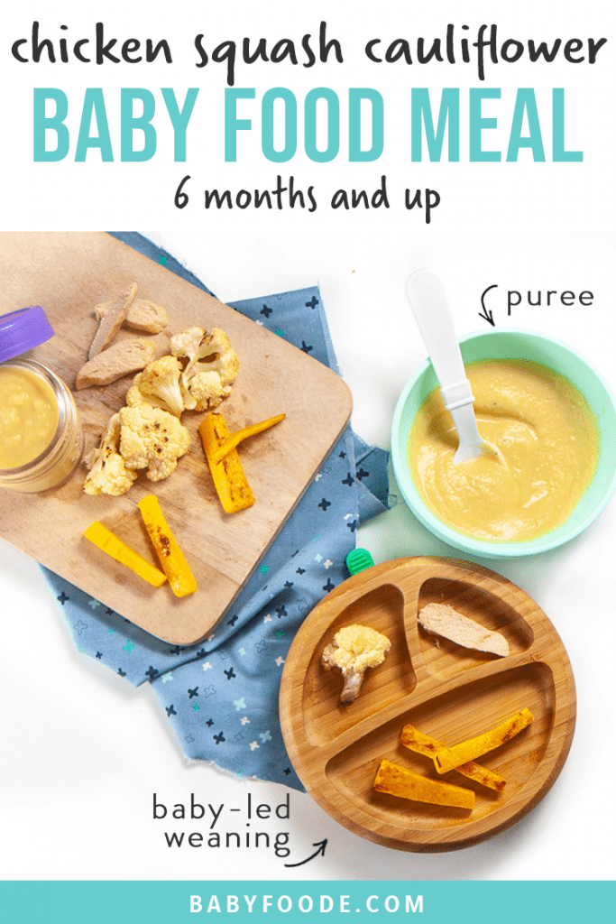 Graphic for post - chicken squash cauliflower baby food meal - 6+ month puree or blw. Image is of a spread of cooked ingredients and showing how to serve them to baby as a puree or as finger foods for baby-led weaning.