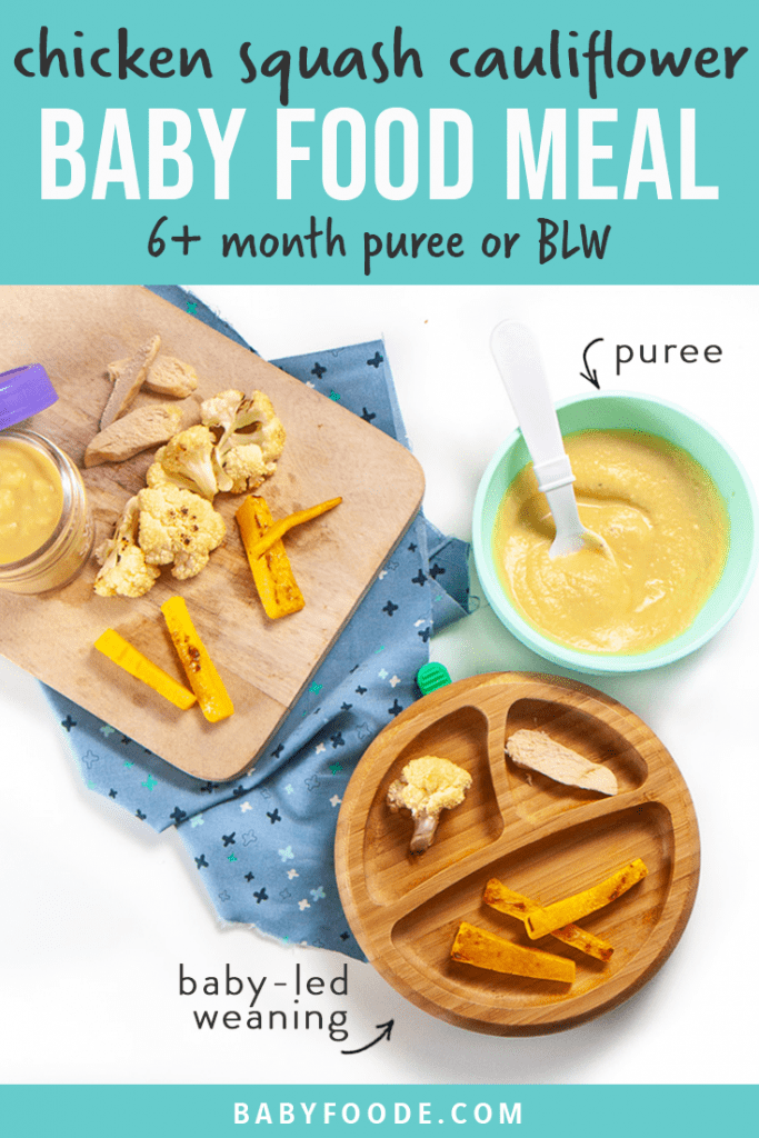 Graphic for post - chicken squash cauliflower baby food meal - 6+ month puree or blw. Image is of a spread of cooked ingredients and showing how to serve them to baby as a puree or as finger foods for baby-led weaning.
