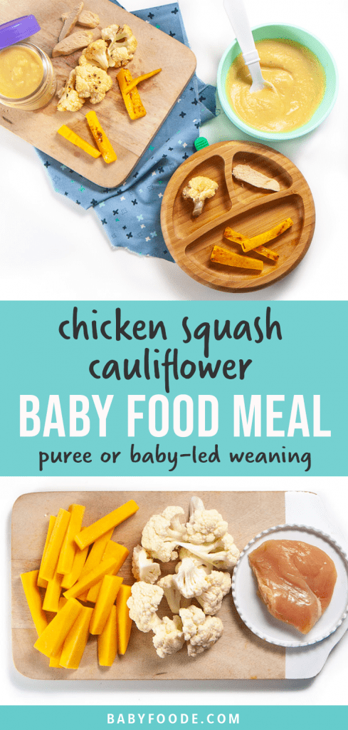 Graphic for post - chicken squash cauliflower baby food meal - 6+ month puree or blw. Image is of a spread of cooked ingredients and showing how to serve them to baby as a puree or as finger foods for baby-led weaning.