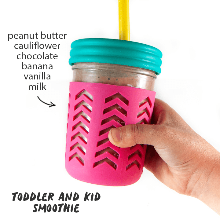 Toddler and Kid smoothie - peanut butter, cauliflower, chocolate, banana, vanilla and milk.